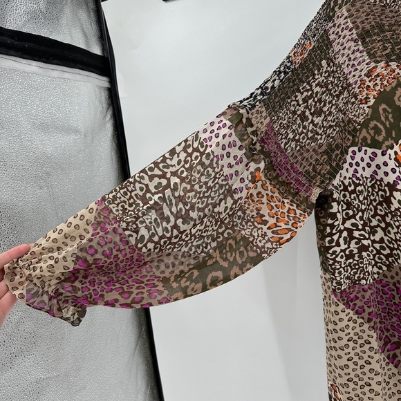 Est. 1946 Brown Leopard Patchwork Smocked Shoulder Long Sleeve Boho Top Size XL - Picture 4 of 8